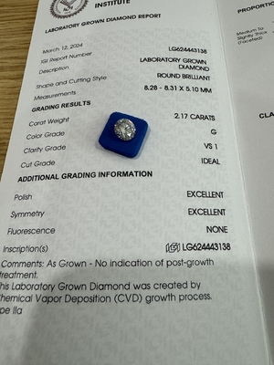شراء 2.17CT G VS1 3EX مختبر CVD تم إنشاؤه بواسطة الماس المقوس المستدير شهادة IGI LG624443138 online manufacture
