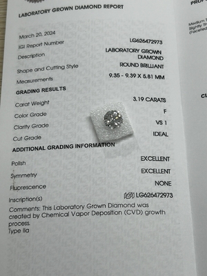 شراء 3.19CT F VS1 3EX المختبر المزروع CVD الألماسية المقطعة المستديرة شهادة IGI LG626472973 online manufacture