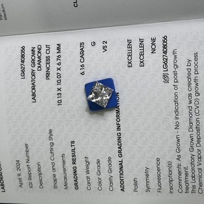 شراء 6.16 قيراط G VS2 2EX CVD Princess Cut Lab تم إنشاؤها من الماس معتمد من IGI online manufacture