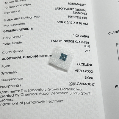 شراء 1.02CT فانسي شديد الخضراء الزرقاء VS1 EX VG CVD المختبر النضج الماس الأميرة قطع معتمدة IGI online manufacture