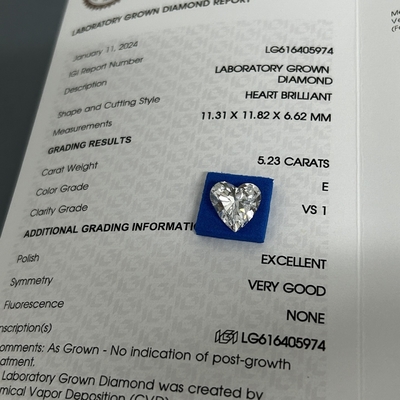 شراء 5.23ct النضج الماس القلب قطع CVD E اللون VS1 وضوح 2EX N IGI online manufacture