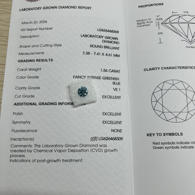 شراء 1.56ct فانسي مكثف أخضر أزرق مختبر نضج الماس مقصورة FVS1 3EX N IGI online manufacture