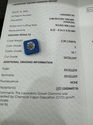 2.09CT E VS1 3EX قطع مستدير CVD الماس النضج شهادة IGI LG624443136