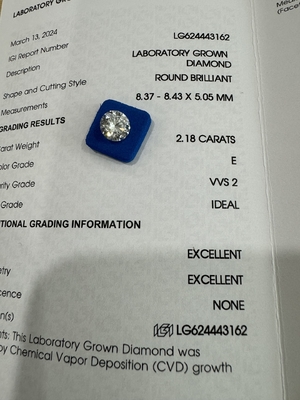 2.18CT E VVS1 ID EX CVD الماس الاصطناعي المستدير الحلاق
