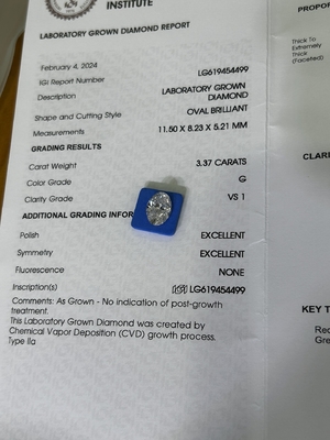 3.37ct الماس الصناعي بيضاوي لامع قطع CVD G VS1 2EX N IGI LG6169427133