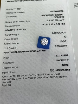 3.02ct CVD المختبر الكبير الماسية المقطعة المستديرة G VVS2 3EX N معتمدة IGI