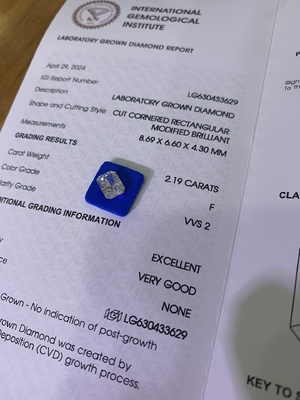 2.19ct مختبر الماس الشعاعي القطع CVD F VVS2 EX VG N IGI LG630433629