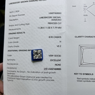 8.93CT H لون VS2 وضوح 2EX CVD المختبر الكبير الأميرة قطع الماس