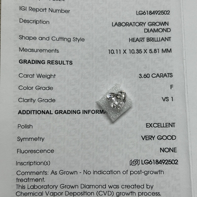 3.6ct معمل مصنوع من الماس القلب الرائعة القطع CVD F VS1 2EX N IGI LG618492502