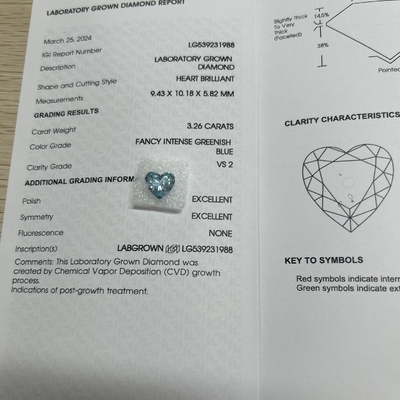 3.26ct CVD في شكل قلب مختبر الماس الرائع زرقاء خضراء كثيفة VS2 2EX N