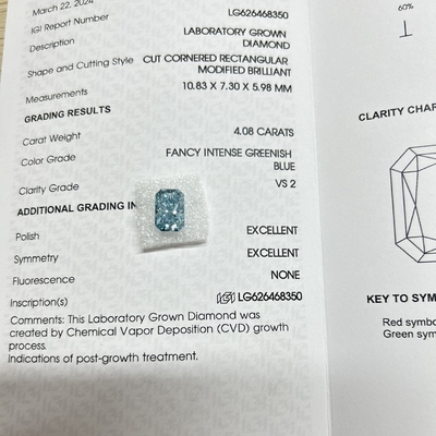 4.08ct Blue Lab Diamond Radiant Cut CVD فانسي زرقاء خضراء VS1 2EX N IGI